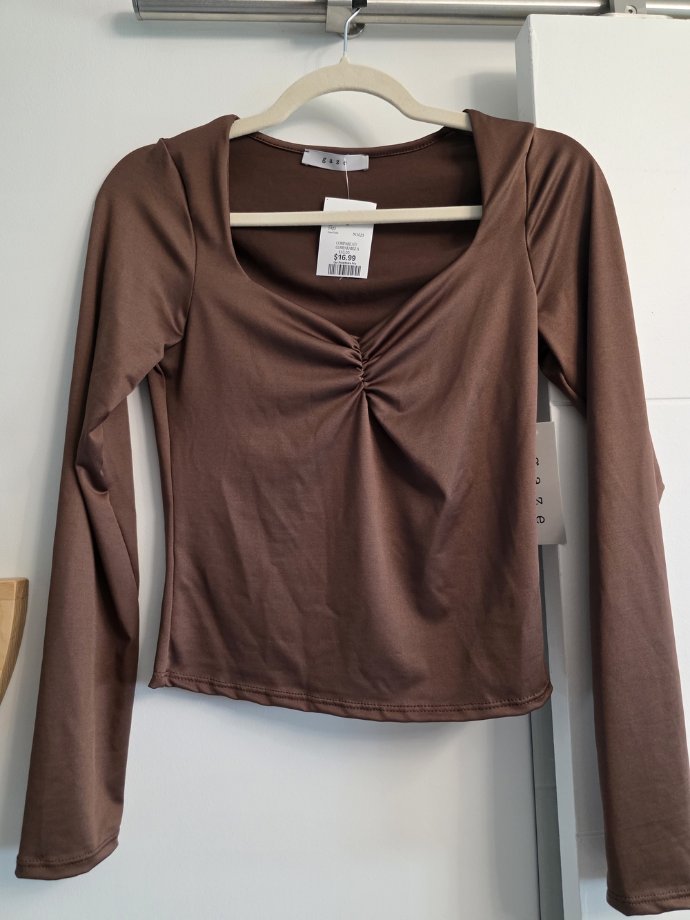gaze Brown Long-Sleeve Ruched Scoop Neck Top